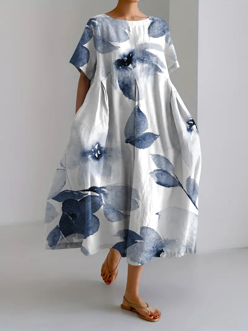 Robe midi femme imprimé floral col rond manches courtes coupe ample poches