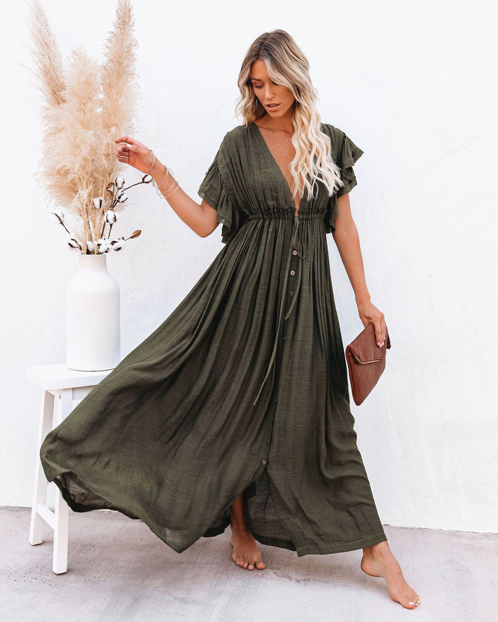 Robe longue femme col V manches courtes taille nouée coupe fluide plage