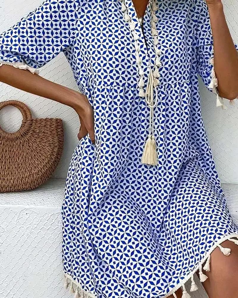 Robe tunique femme imprimé géométrique col V lacet pompons manches courtes coupe ample