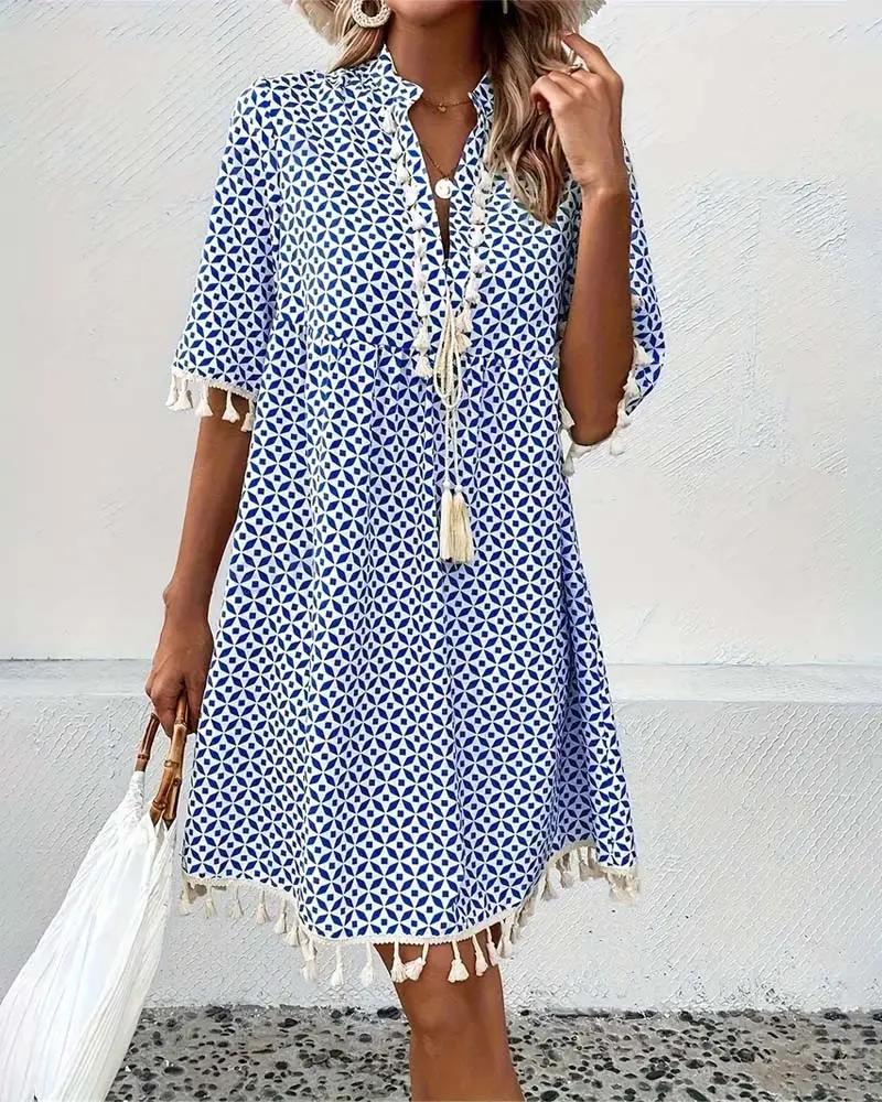 Robe tunique femme imprimé géométrique col V lacet pompons manches courtes coupe ample