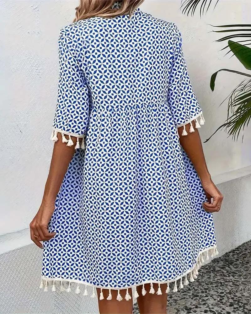 Robe tunique femme imprimé géométrique col V lacet pompons manches courtes coupe ample