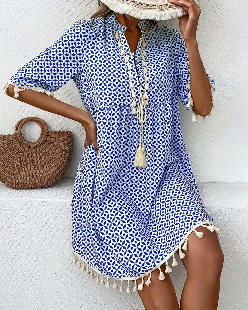 Robe tunique femme imprimé géométrique col V lacet pompons manches courtes coupe ample