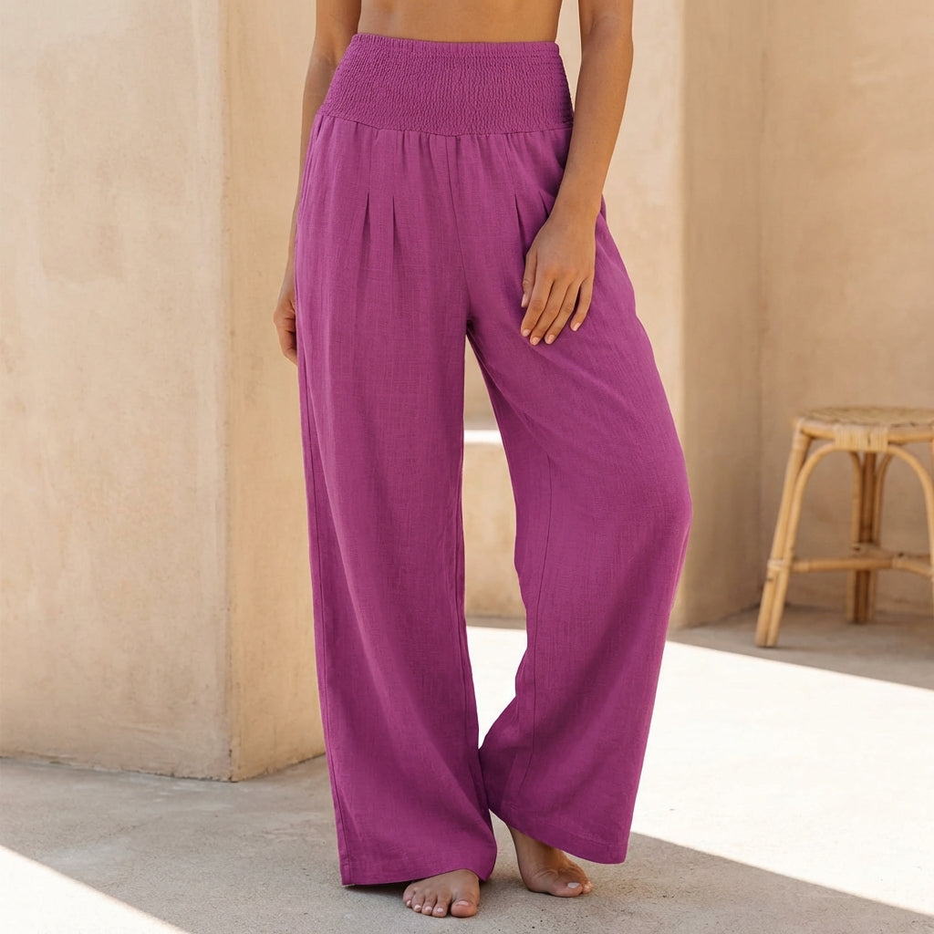 Pantalon large femme en lin taille smockée coupe palazzo fluide plis avant