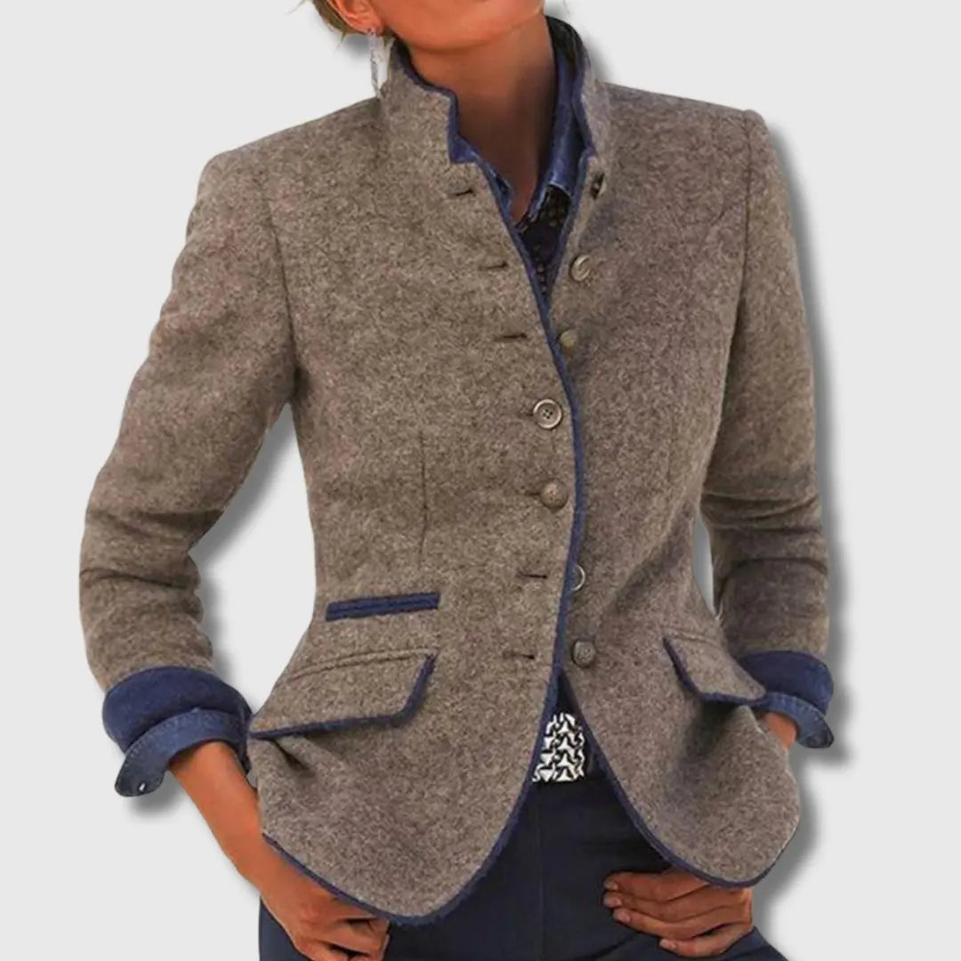 Blazer femme laine mélangée col montant coupe cintrée boutons contrastés