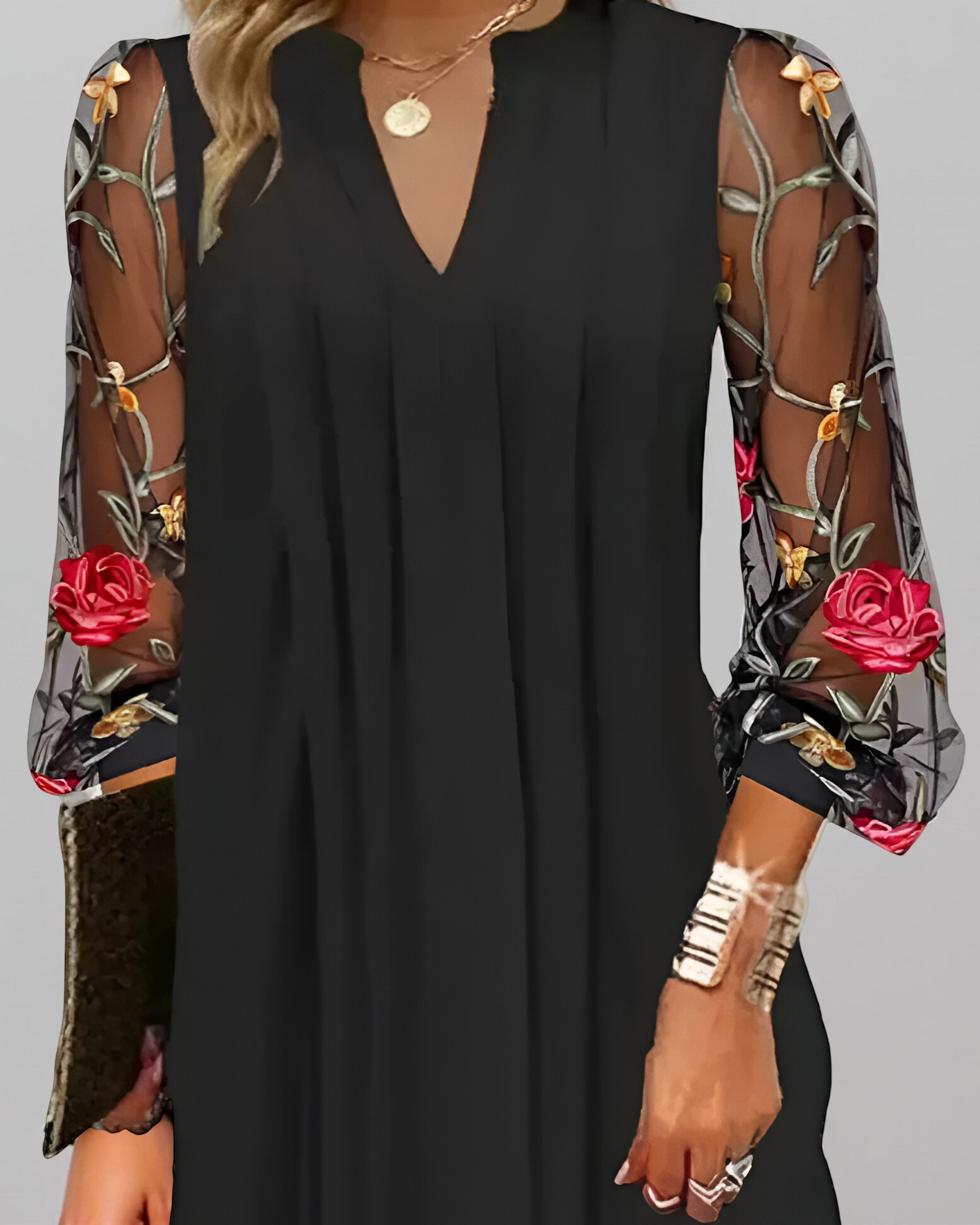 Robe courte femme col V manches longues transparentes broderie florale