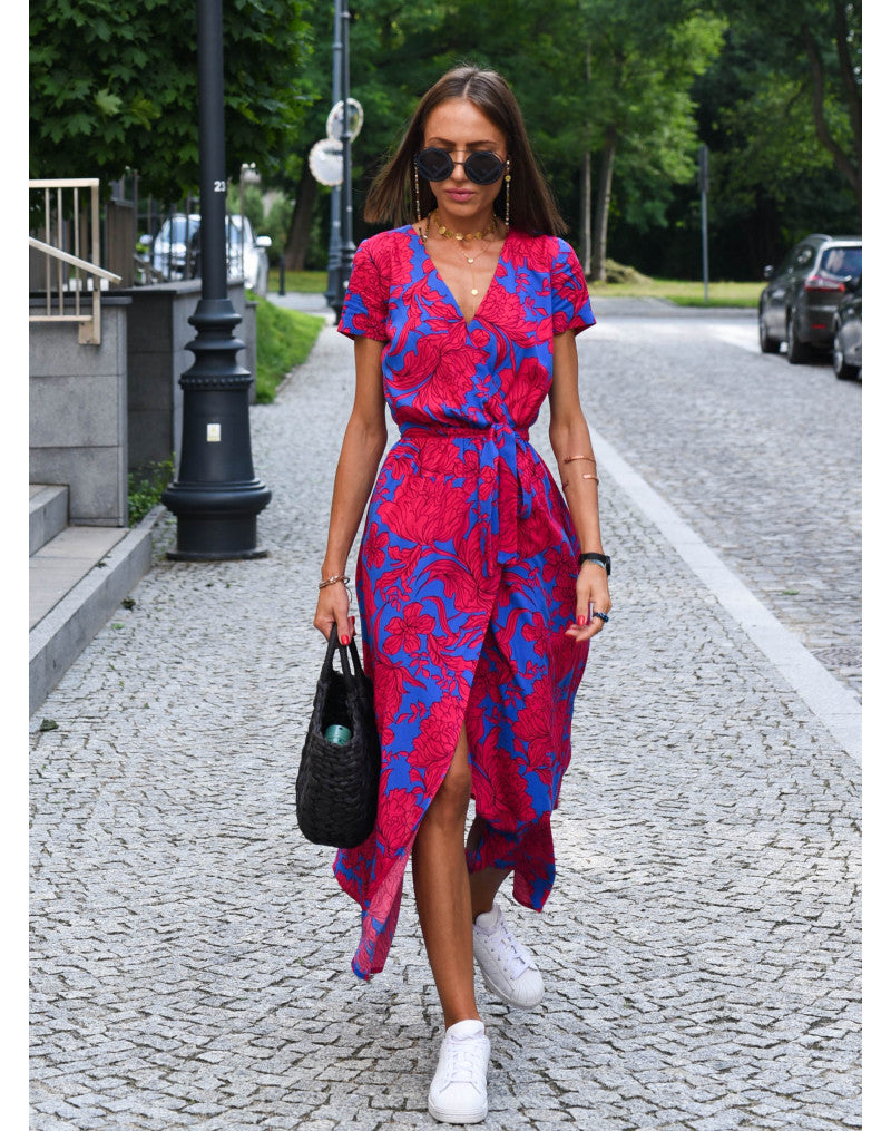 Robe midi femme portefeuille à fleurs col V avec ceinture à nouer