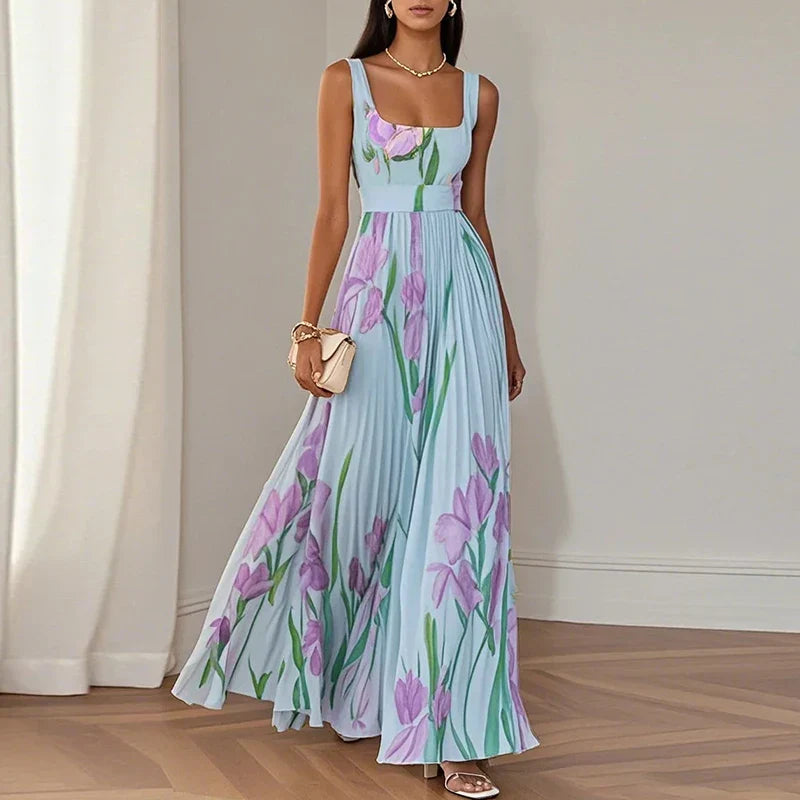 Robe longue invitée mariage fleurie col carré plissée sans manches