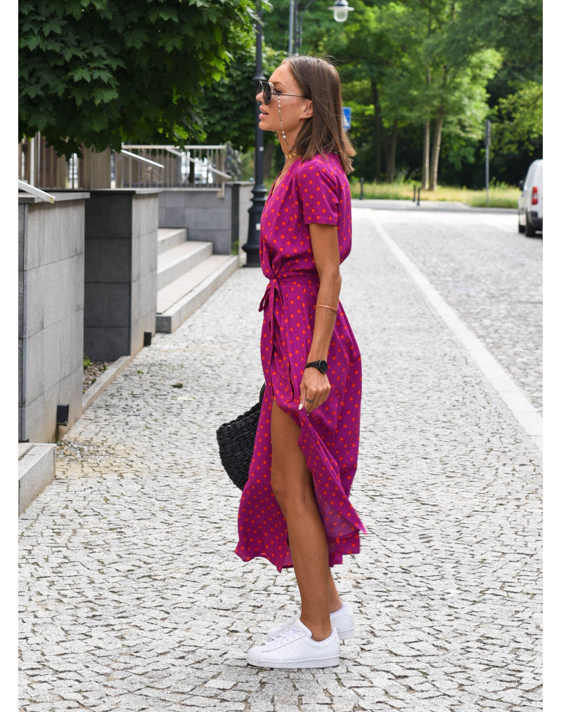Robe midi femme portefeuille à fleurs col V avec ceinture à nouer
