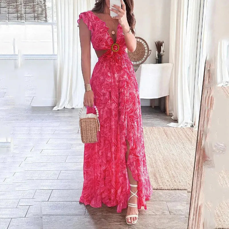 Robe invitée mariage longue fleurie femme découpe taille volants fente haute