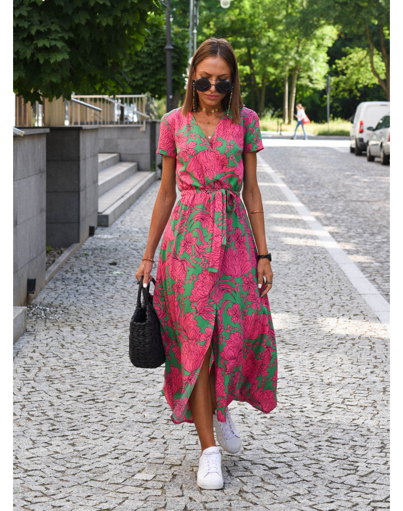 Robe midi femme portefeuille à fleurs col V avec ceinture à nouer