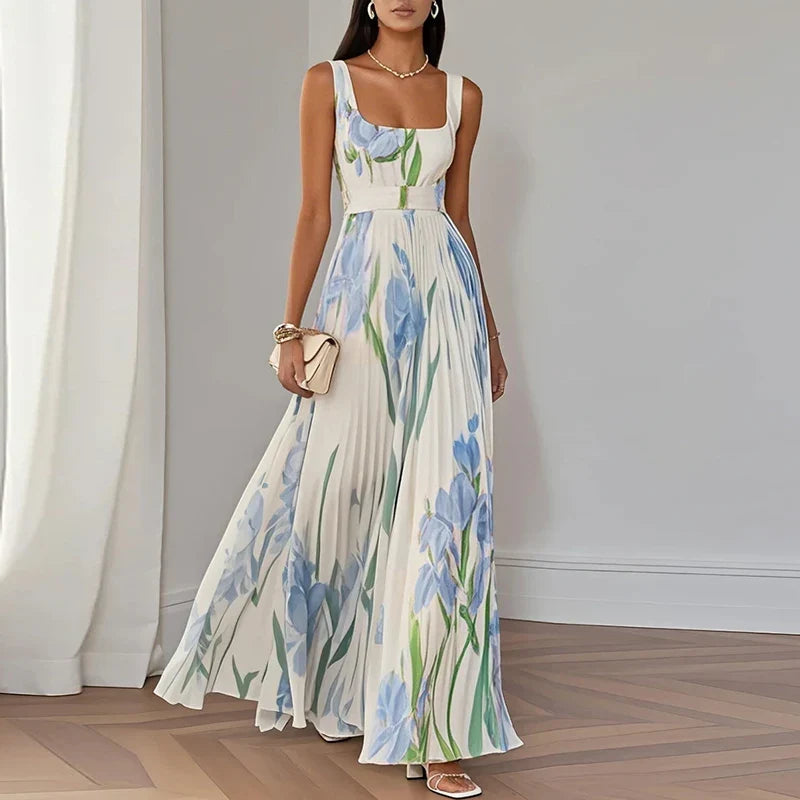 Robe longue invitée mariage fleurie col carré plissée sans manches