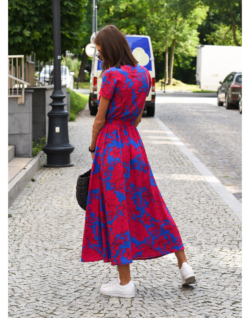 Robe midi femme portefeuille à fleurs col V avec ceinture à nouer