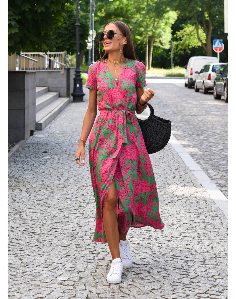 Robe midi femme portefeuille à fleurs col V avec ceinture à nouer