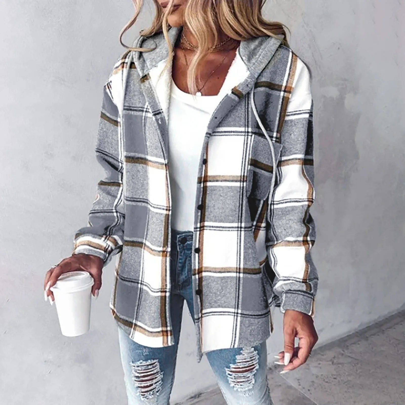 Veste carreaux femme capuche boutonnée coupe oversize style surchemise