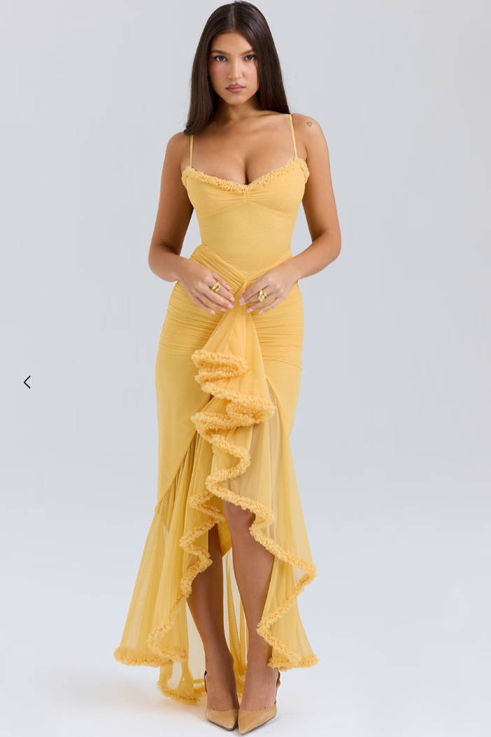 Robe longue invitée mariage femme drapée volants bretelles fines fente