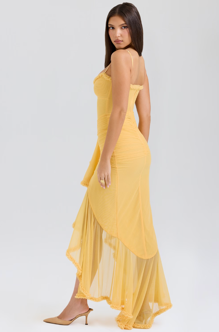 Robe longue invitée mariage femme drapée volants bretelles fines fente