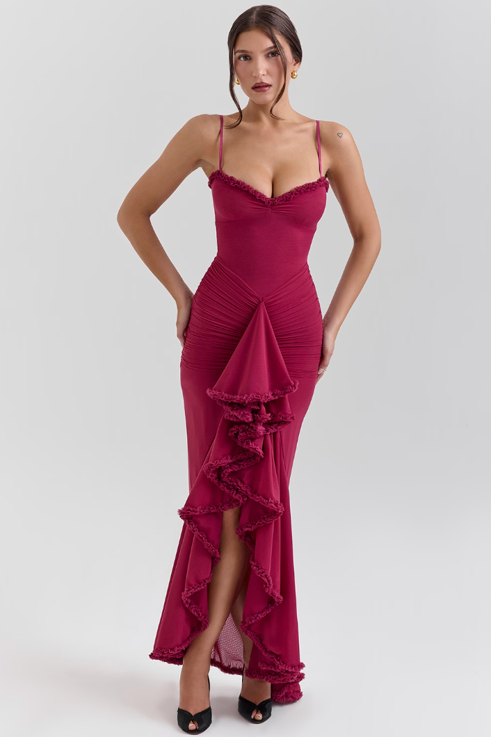 Robe longue invitée mariage femme drapée volants bretelles fines fente