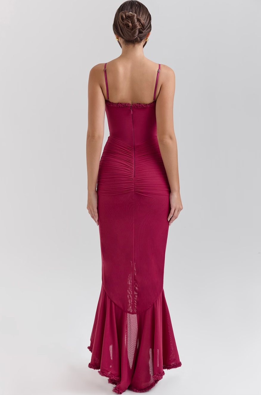 Robe longue invitée mariage femme drapée volants bretelles fines fente
