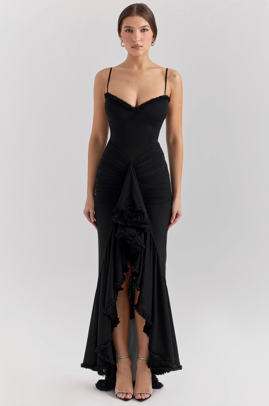 Robe longue invitée mariage femme drapée volants bretelles fines fente