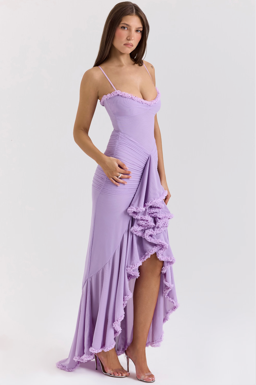 Robe longue invitée mariage femme drapée volants bretelles fines fente