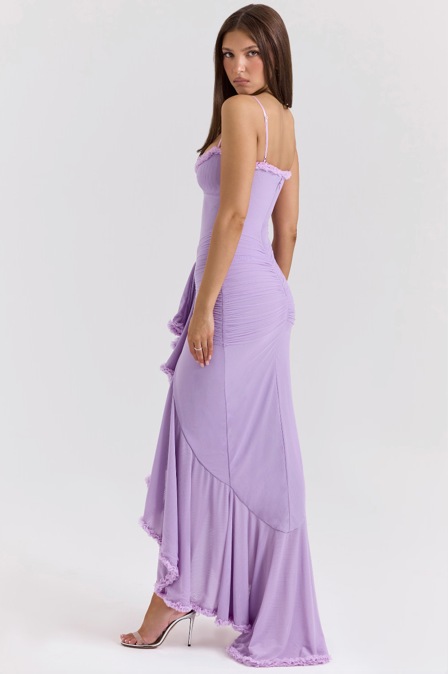 Robe longue invitée mariage femme drapée volants bretelles fines fente