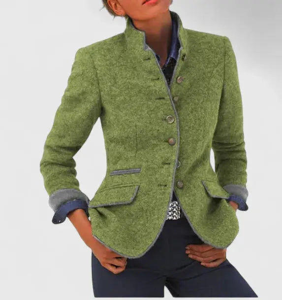 Blazer femme laine mélangée col montant coupe cintrée boutons contrastés