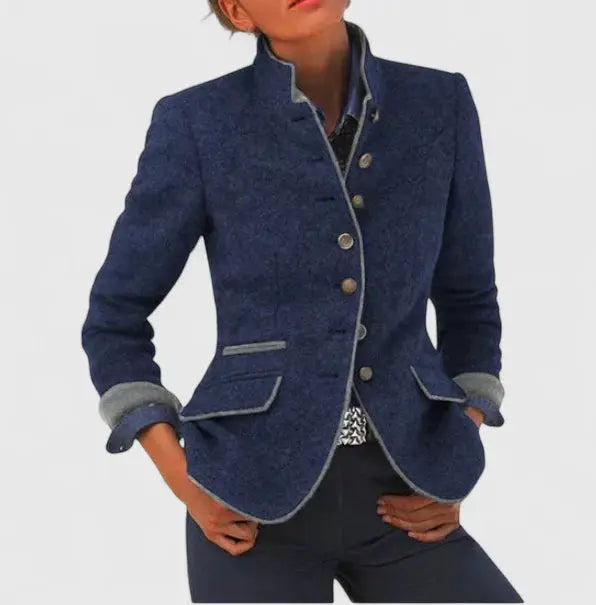 Blazer femme laine mélangée col montant coupe cintrée boutons contrastés