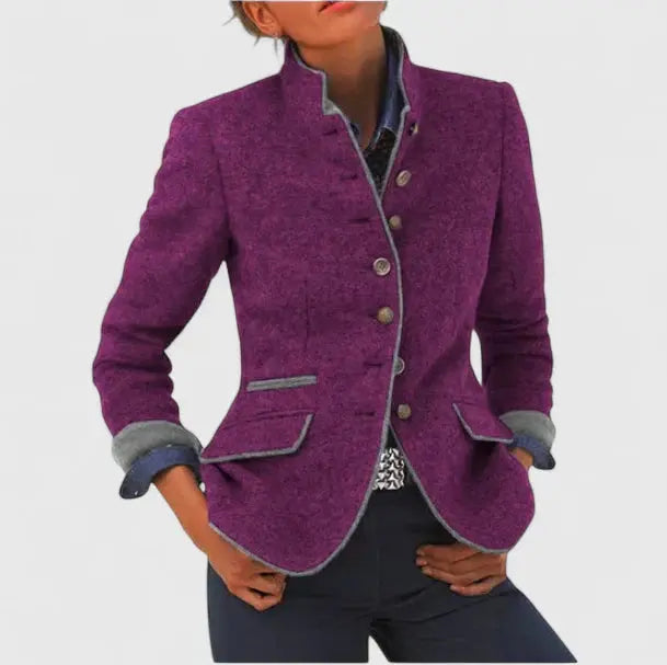 Blazer femme laine mélangée col montant coupe cintrée boutons contrastés