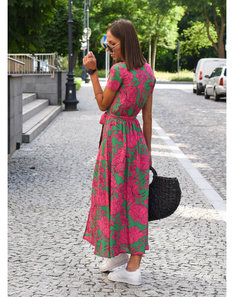 Robe midi femme portefeuille à fleurs col V avec ceinture à nouer