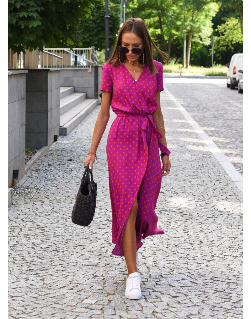 Robe midi femme portefeuille à fleurs col V avec ceinture à nouer