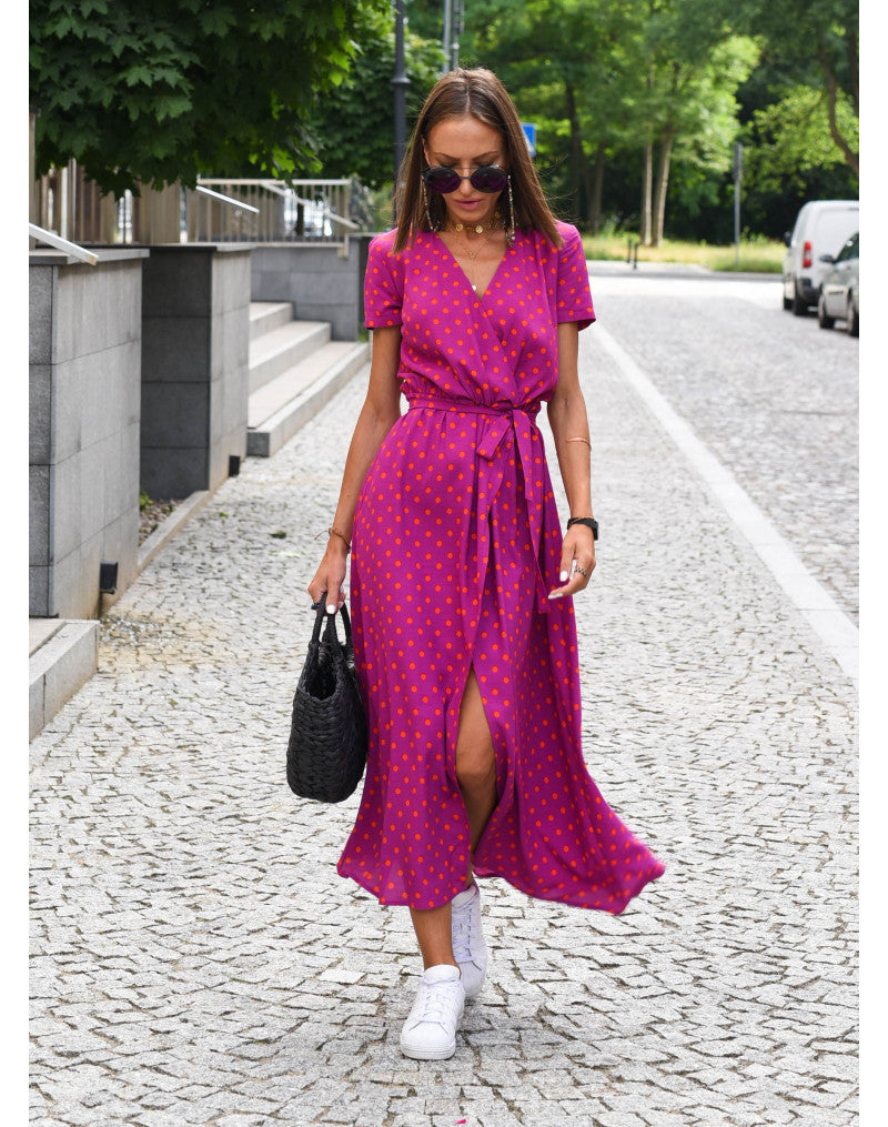 Robe midi femme portefeuille à fleurs col V avec ceinture à nouer