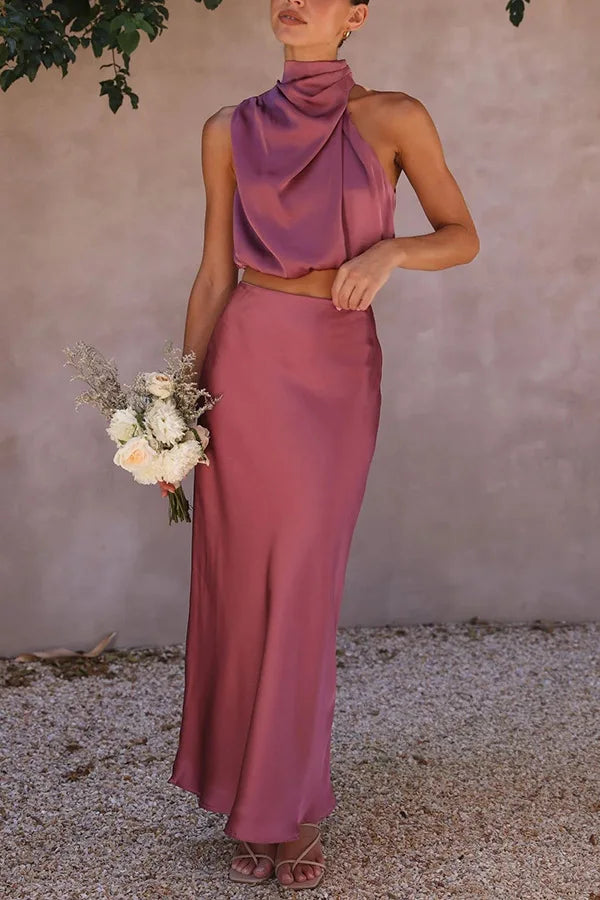 Ensemble femme jupe longue satin top dos nu col montant mariage cérémonie