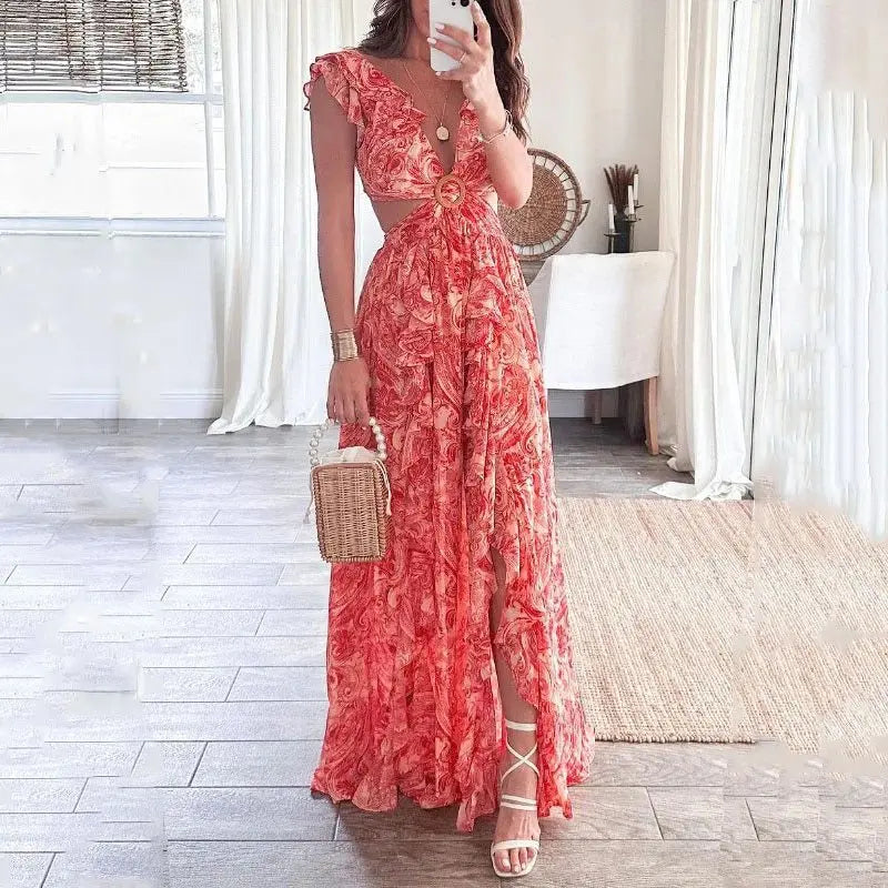 Robe invitée mariage longue fleurie femme découpe taille volants fente haute