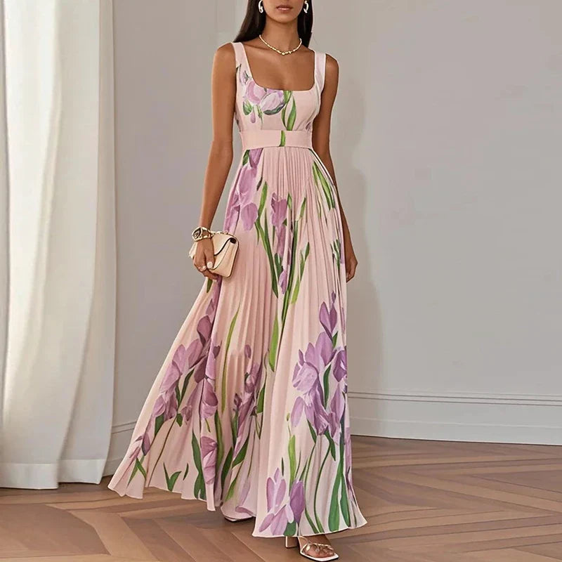 Robe longue invitée mariage fleurie col carré plissée sans manches