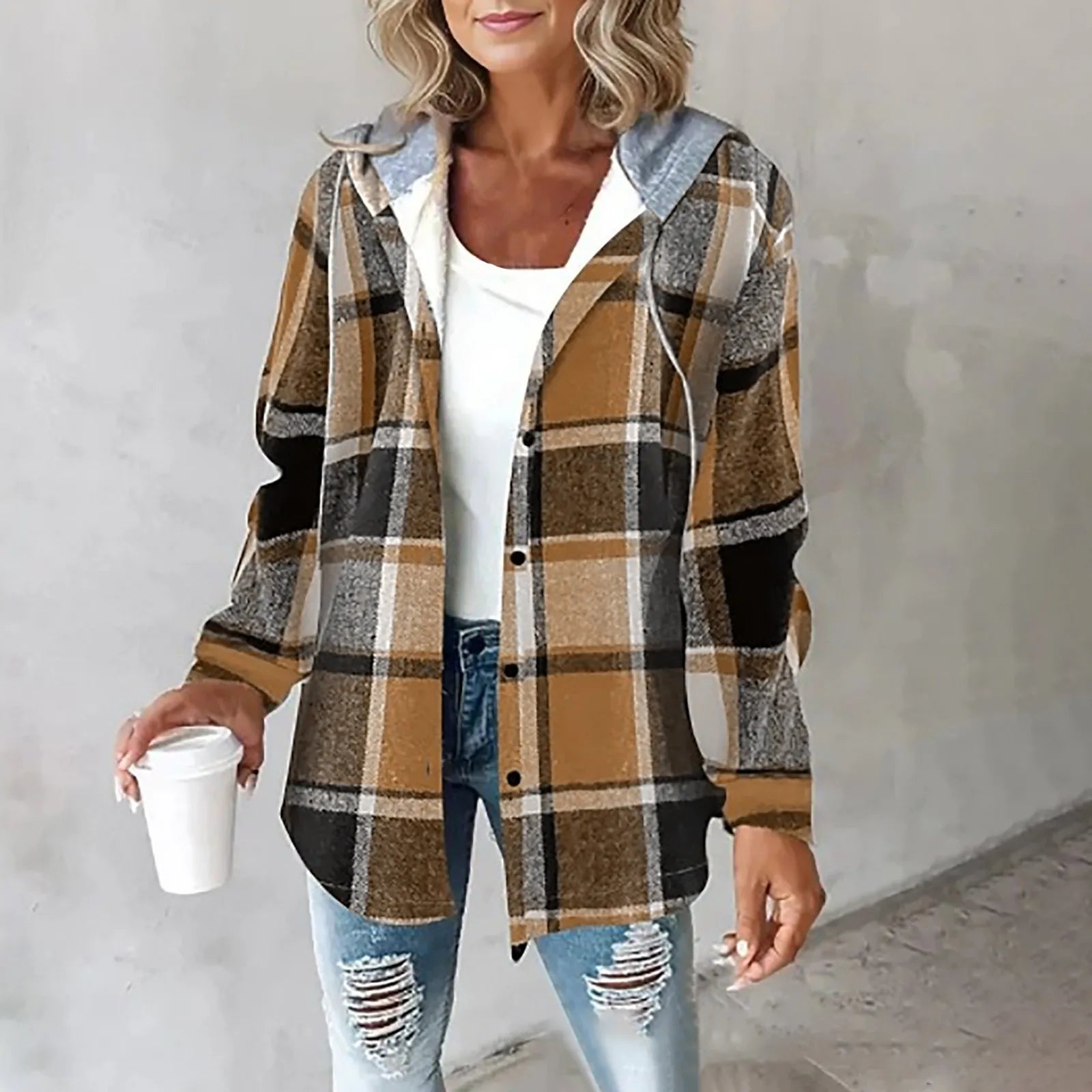 Veste carreaux femme capuche boutonnée coupe oversize style surchemise