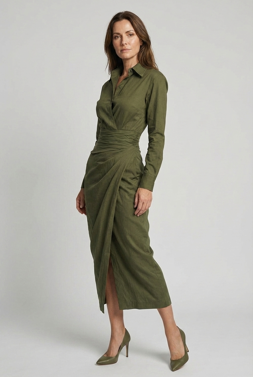 Robe midi femme col chemise manches longues taille drapée froncée