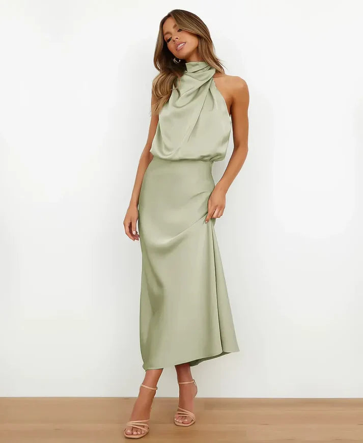 Robe longue femme col halter satinée coupe fluide soirée