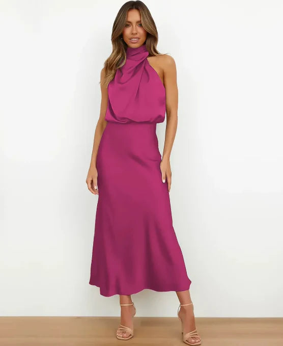Robe longue femme col halter satinée coupe fluide soirée