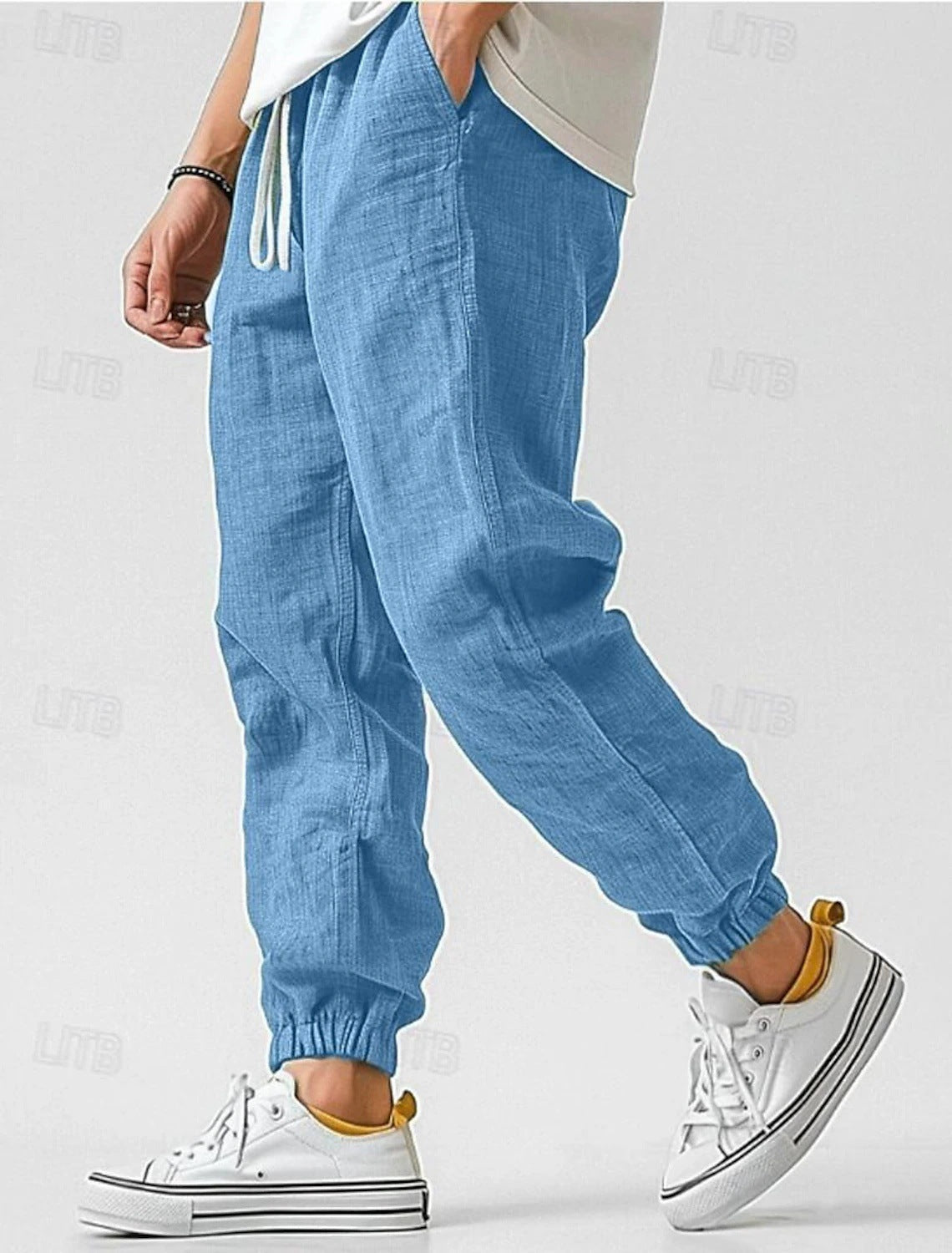 Pantalon jogger homme en lin mélangé taille élastique cordon de serrage léger