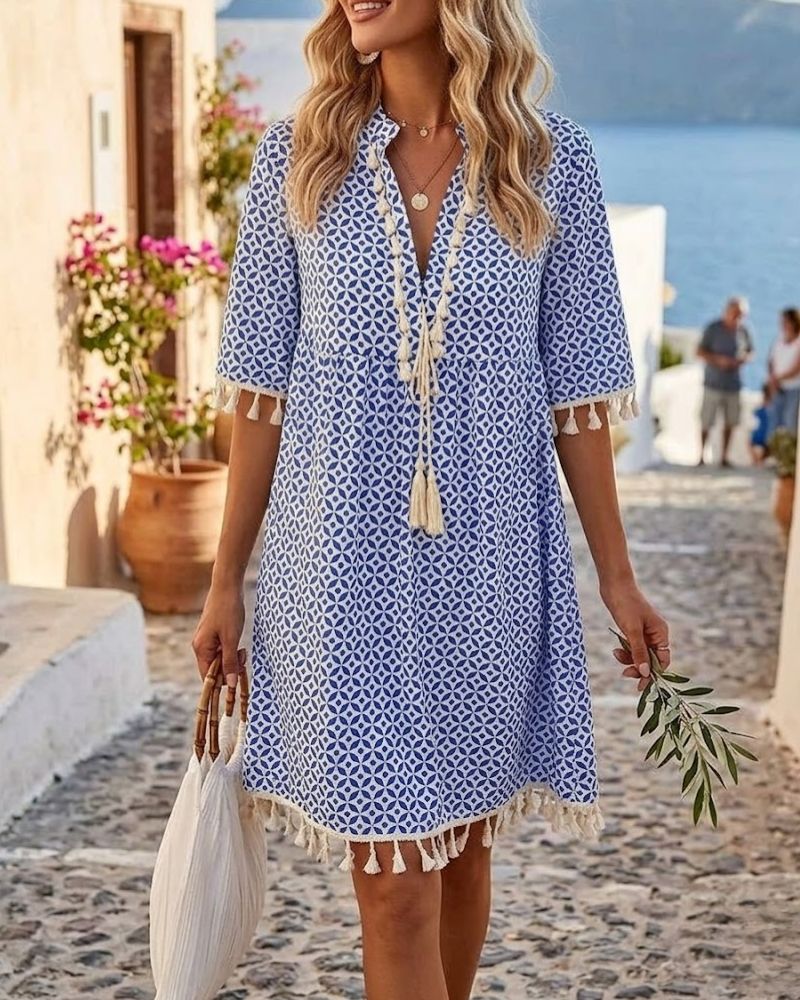 Robe tunique femme imprimé géométrique col V lacet pompons manches courtes coupe ample
