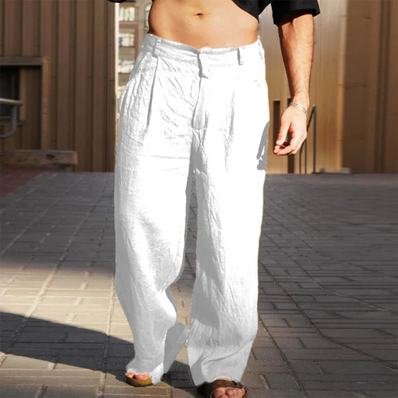 Pantalon homme en lin coupe ample taille haute jambes larges fluide