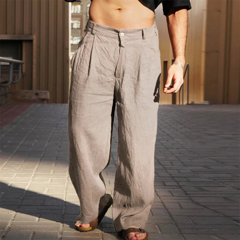 Pantalon homme en lin coupe ample taille haute jambes larges fluide