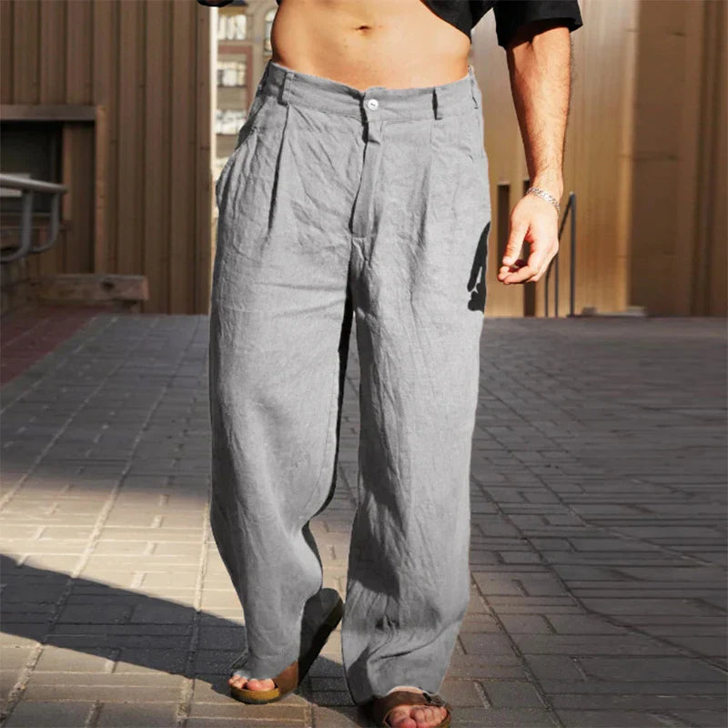 Pantalon homme en lin coupe ample taille haute jambes larges fluide