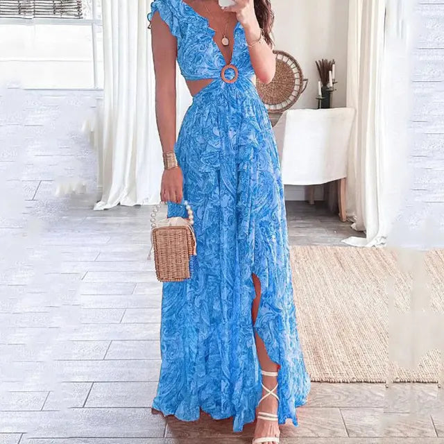 Robe invitée mariage longue fleurie femme découpe taille volants fente haute