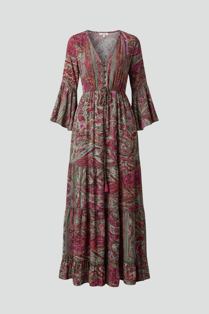 Robe longue bohème femme imprimée col V manches évasées fluide maxi