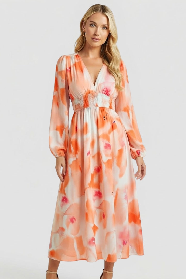 Robe longue femme imprimé aquarelle col V manches bouffantes taille empire fluide élégante