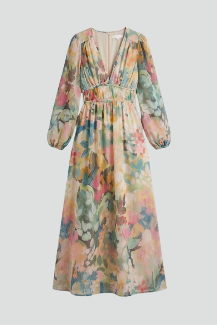 Robe longue femme imprimé aquarelle col V manches bouffantes taille empire fluide élégante