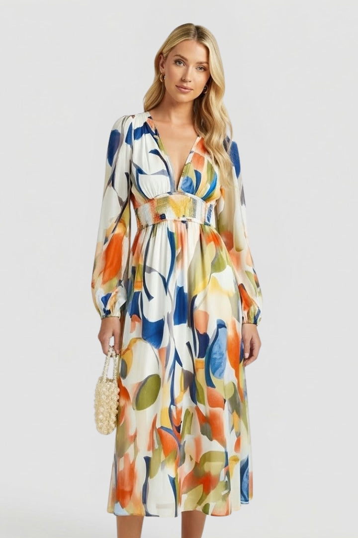 Robe longue femme imprimé aquarelle col V manches bouffantes taille empire fluide élégante
