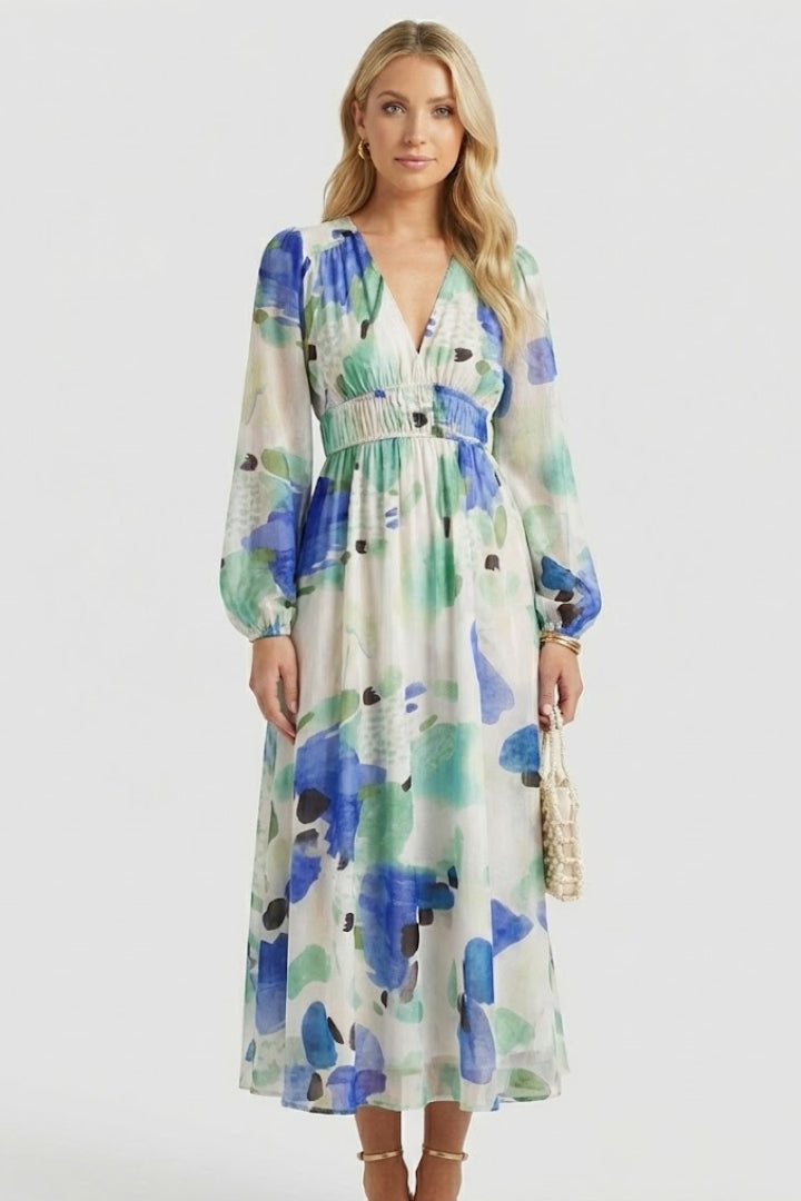 Robe longue femme imprimé aquarelle col V manches bouffantes taille empire fluide élégante