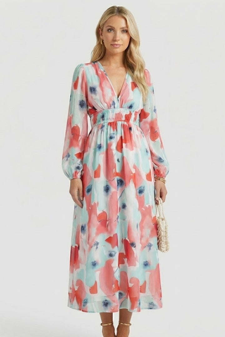 Robe longue femme imprimé aquarelle col V manches bouffantes taille empire fluide élégante